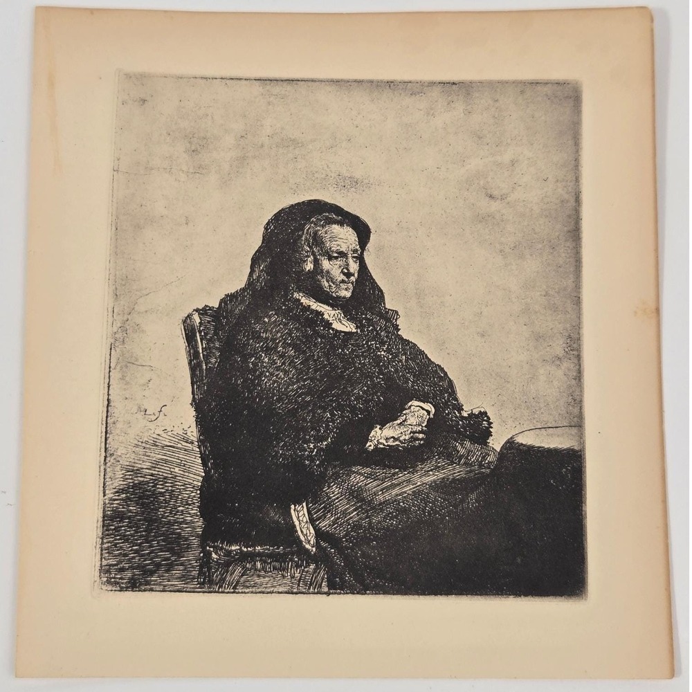 Antique Rembrandt Mother Etching Print Old Woman Portrait Vintage Art
